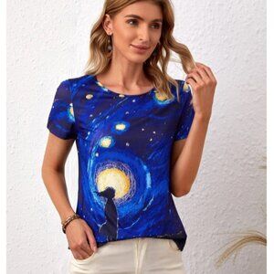 Women Casual Graphic T-shirts short sleeves Blue **